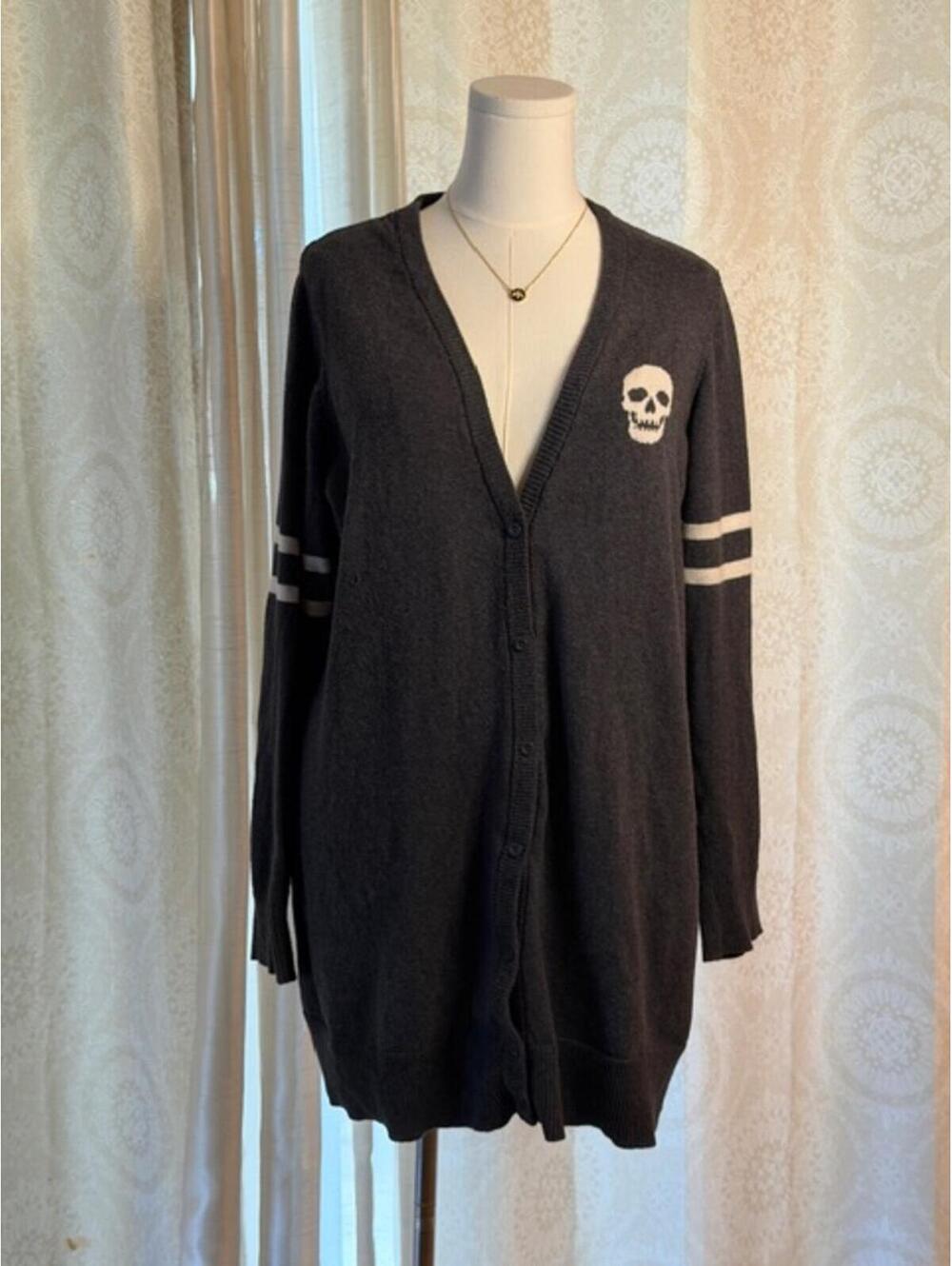 Torrid Skull Button Front Cardigan Size 3 Gray Varsity Stripe Goth